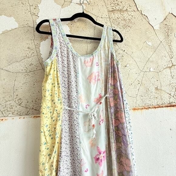 Vtg 90s Patchwork Maxi Dress Rayon Embroidered Trim Tie Back Waist Womens L Boho - Picture 7 of 8
